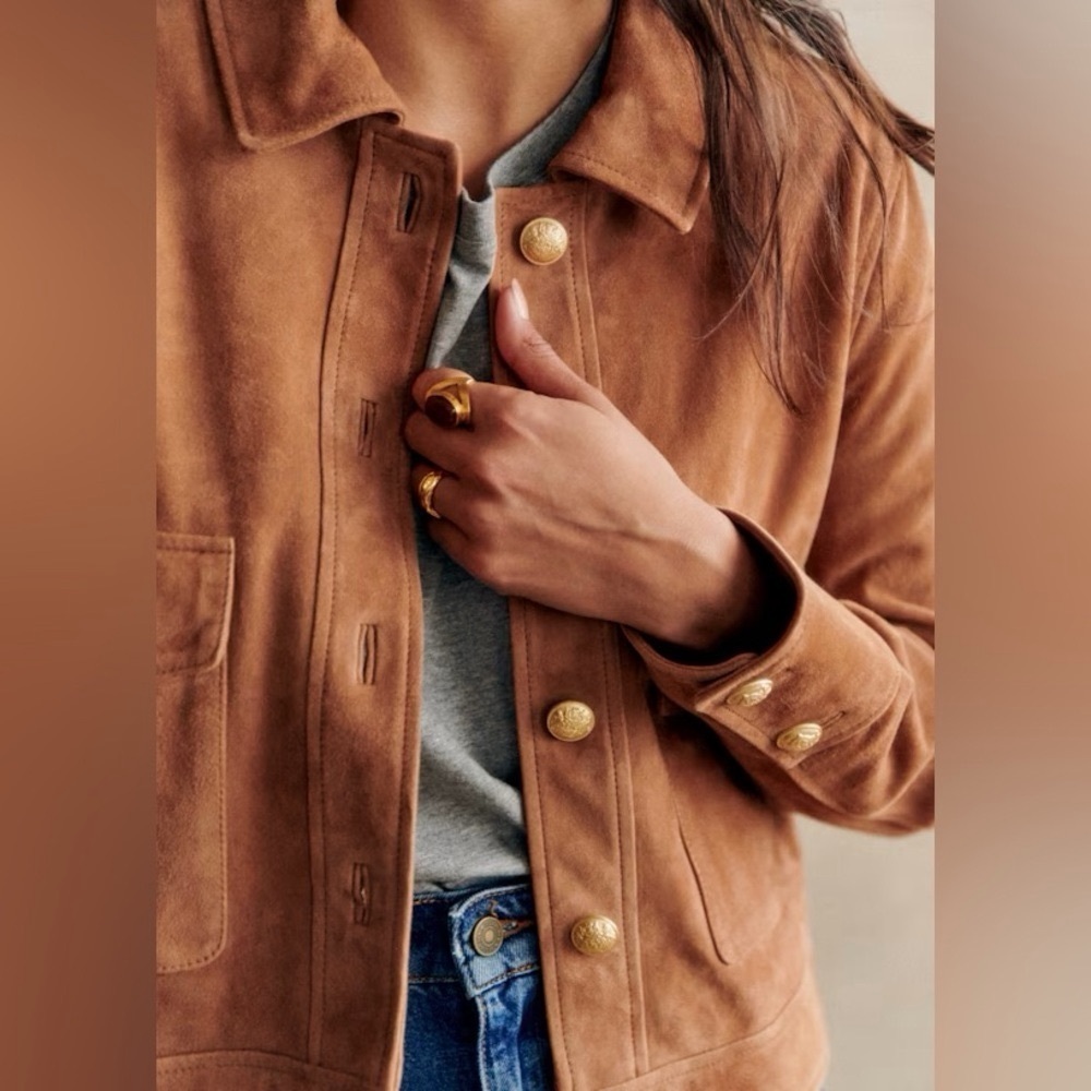 Sézane Terry Jacket Gold Buttoned Camel Suede Goat Leather FR 34 NWT - Picture 12 of 13